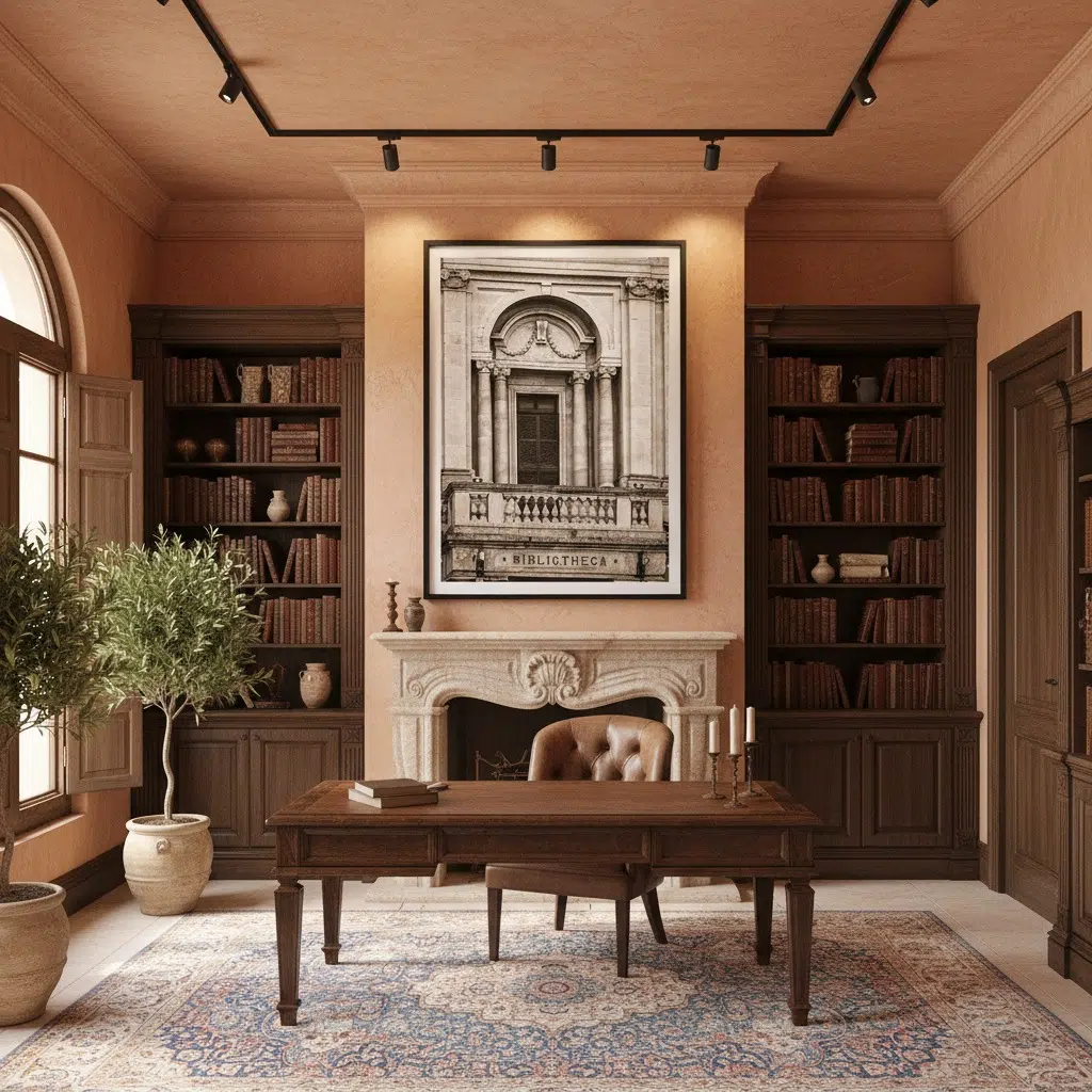 valletta library balcony malta wall art Classic home library with desk, fireplace, and bookshelves