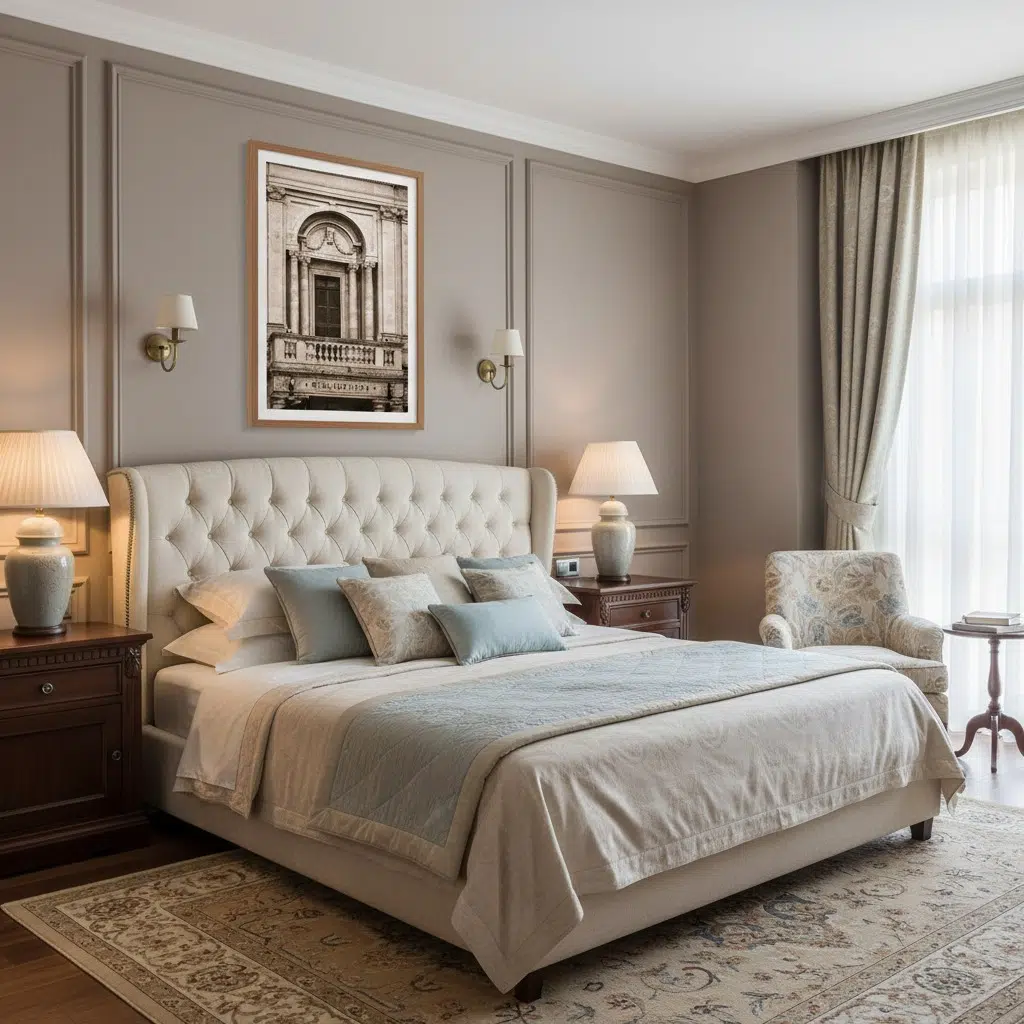 Elegant neutral bedroom with tufted bed and armchair