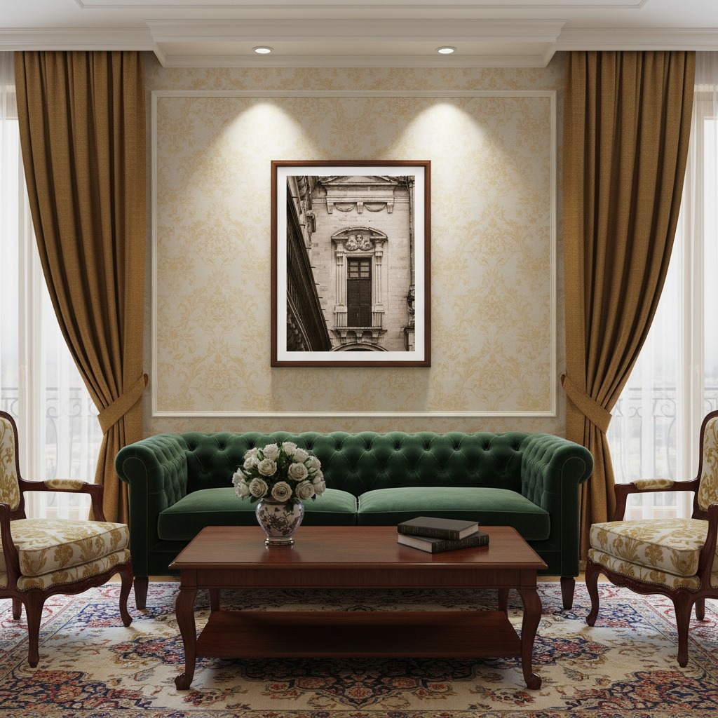 Elegant living room with green sofa and classic decor