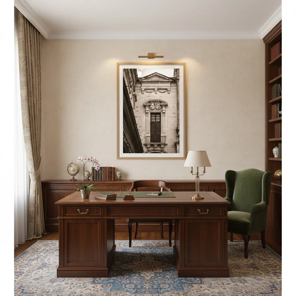 Traditional home office with wood desk and green armchair