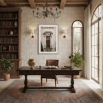 Elegant rustic study with desk, bookshelf, and arched windows