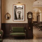 Vintage hotel lounge with grandfather clock and green chair