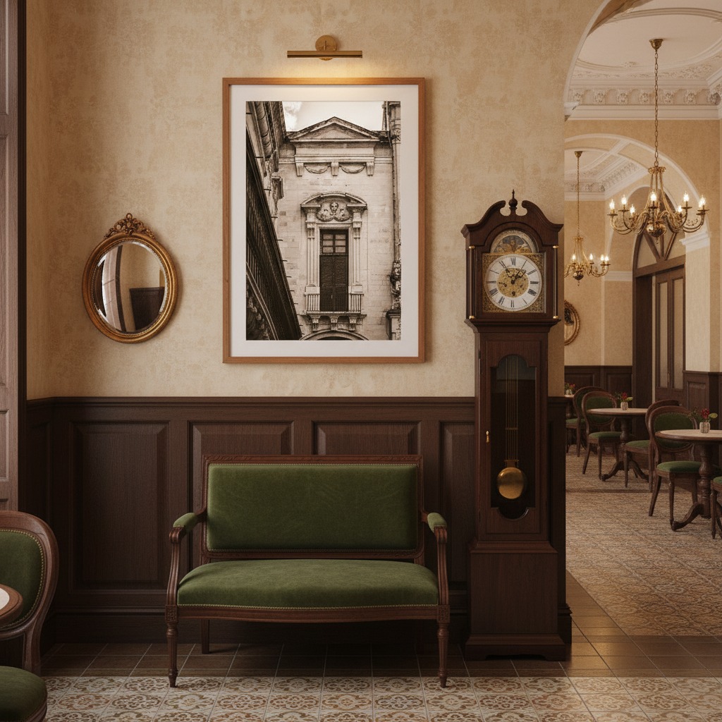 Vintage hotel lounge with grandfather clock and green chair