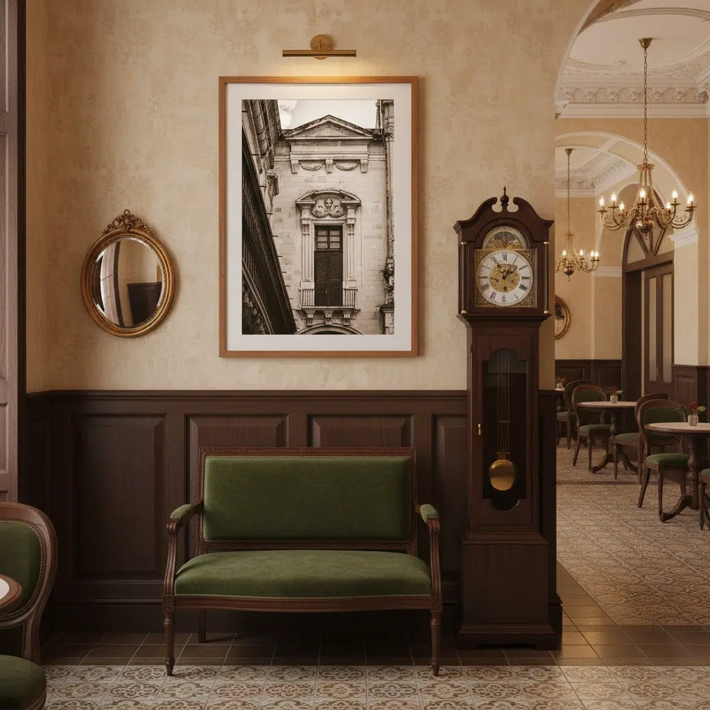 Vintage hotel lounge with grandfather clock and green chair