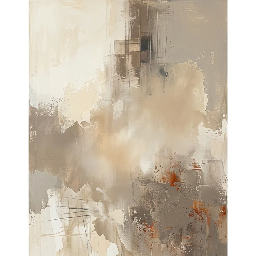 Abstract beige painting with soft textures and orange accents