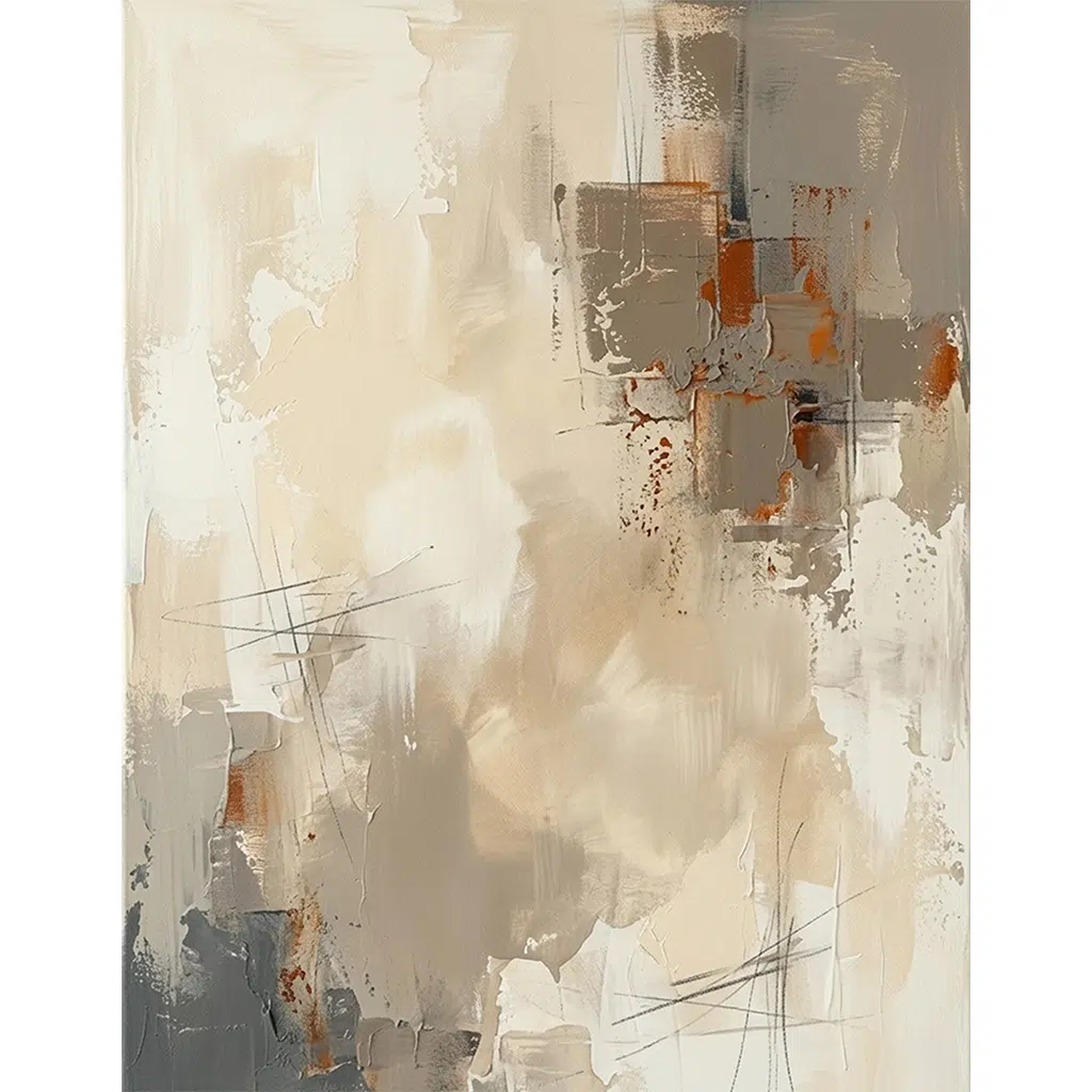 Abstract beige and gray textured painting with orange accents