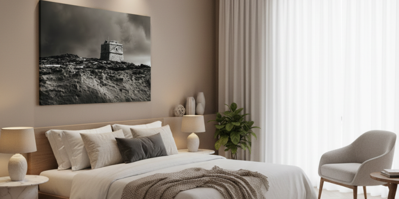 A person stands before the Gozo Dwejra Tower at sunset, admiring the monochrome art print hanging on a rustic stone wall.