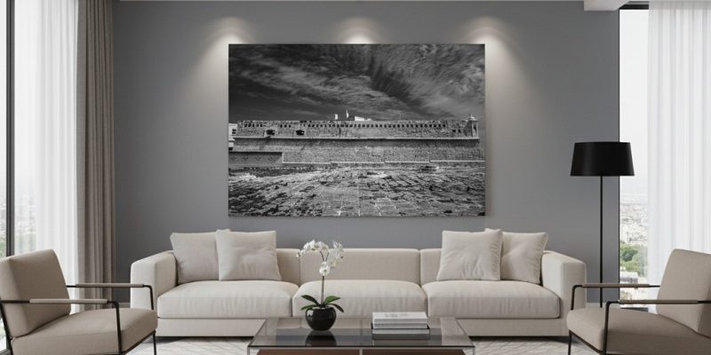 Modern minimalist living room with large wall art