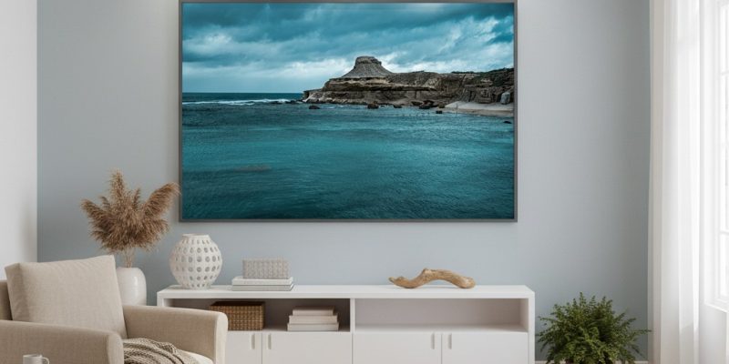 Gozo Qbajjar Qolla l-bajda Blue Hour mockup in a lifestyle setting, featuring the artwork displayed in a modern living room with natural light and minimalist decor.