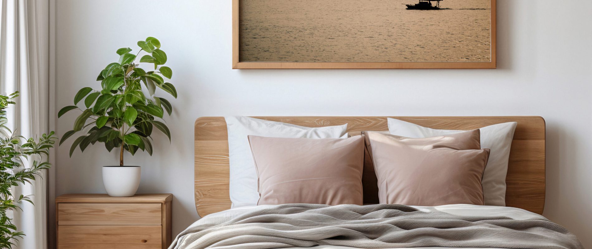 A serene bedroom featuring a bed, nightstand, and a silhouette picture of boats against a vibrant Vietnam sunset.