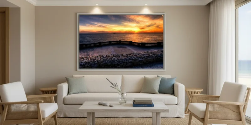 Minimalist coastal living room with light furniture and a large framed sunset seascape above the sofa.