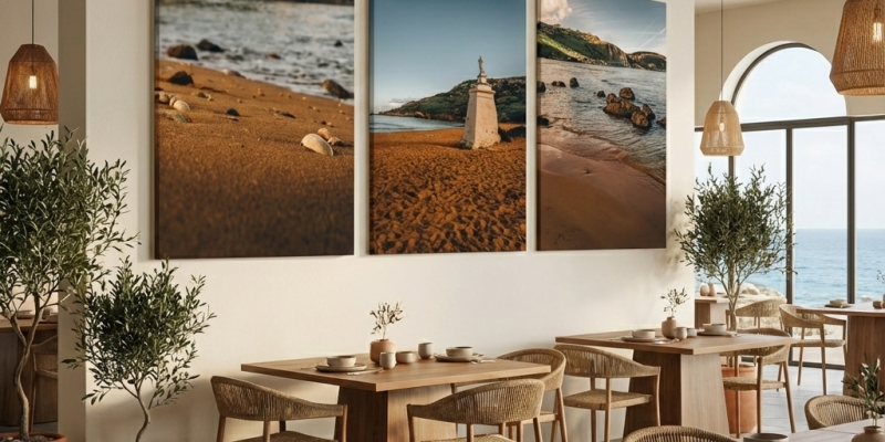 Coastal themed restaurant with ocean view decor